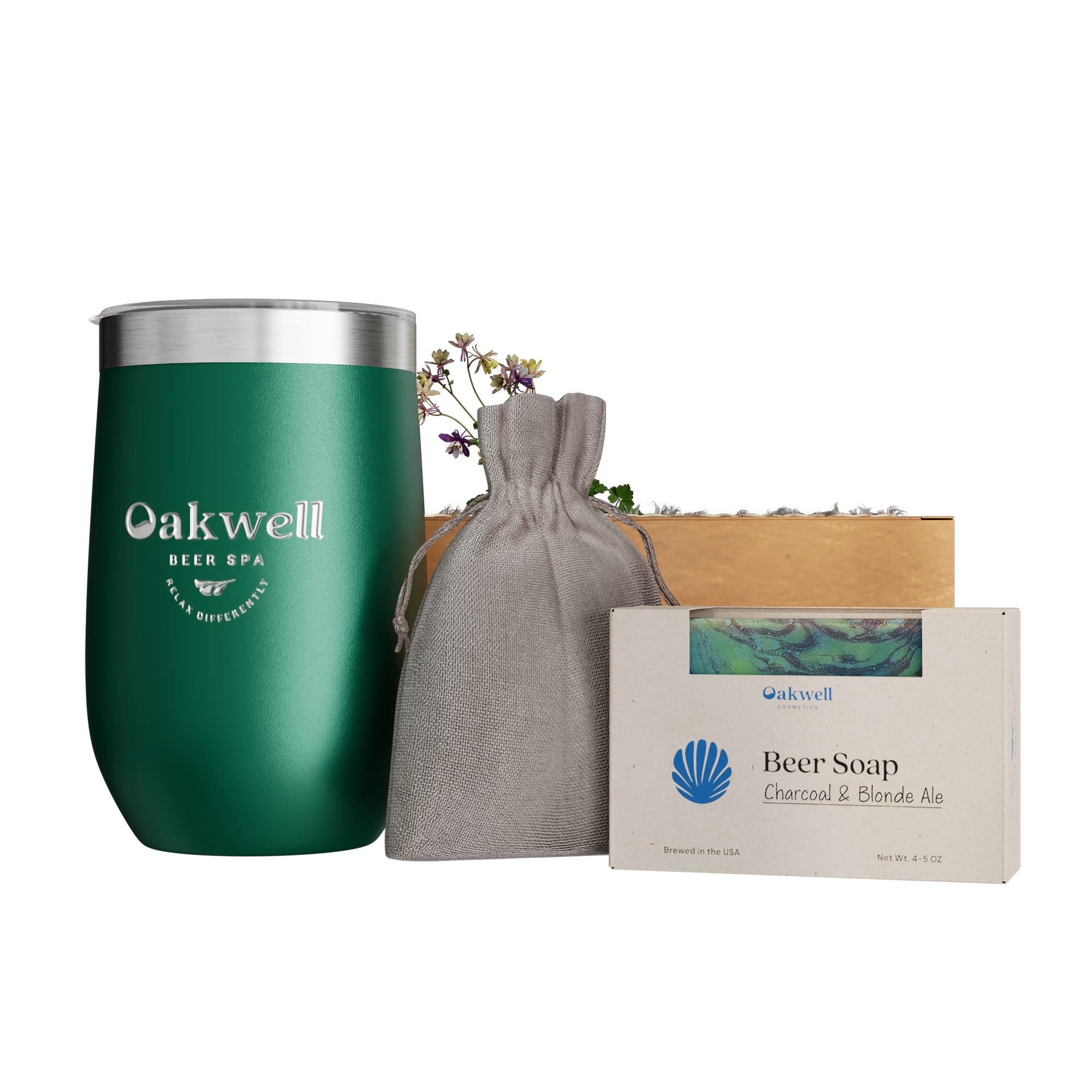 Oakwell Beer Spa gift box with stainless steel tumbler, beer soap, beer bath tea