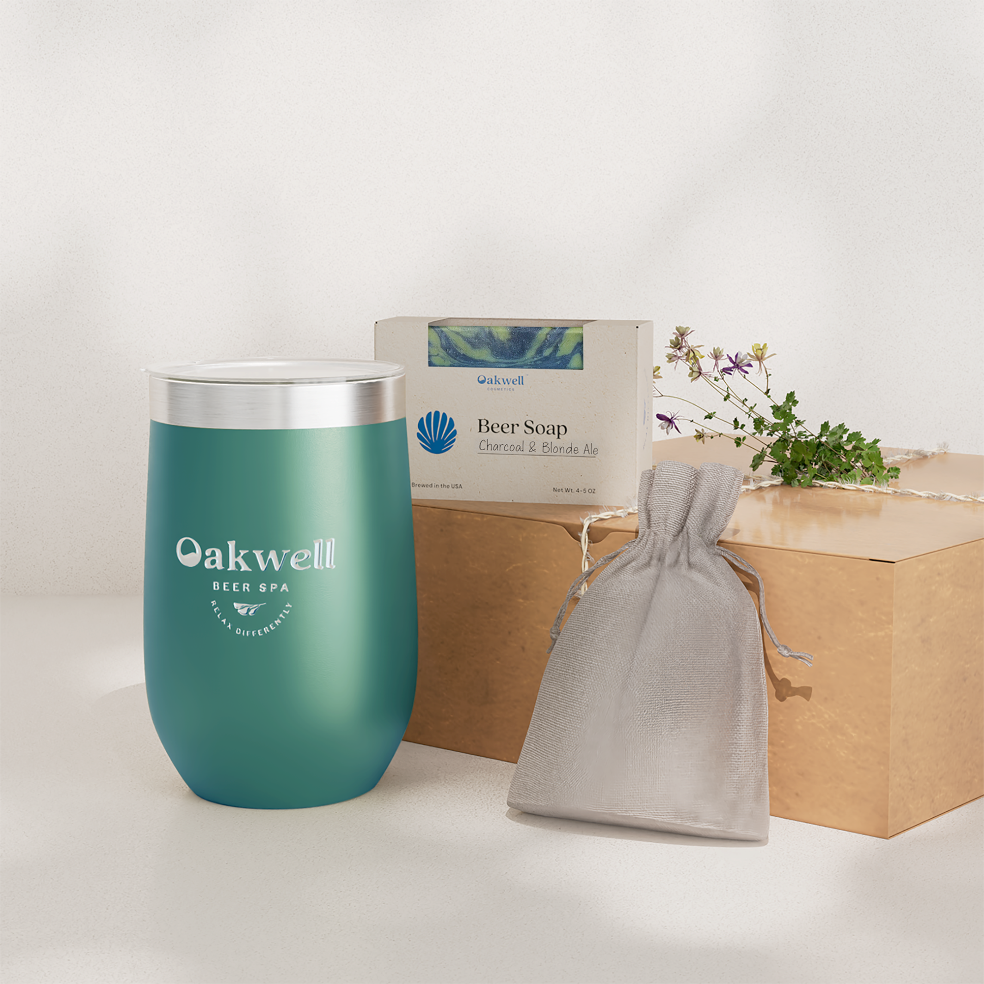 Oakwell Beer Spa gift box with stainless steel tumbler, beer soap, beer bath tea