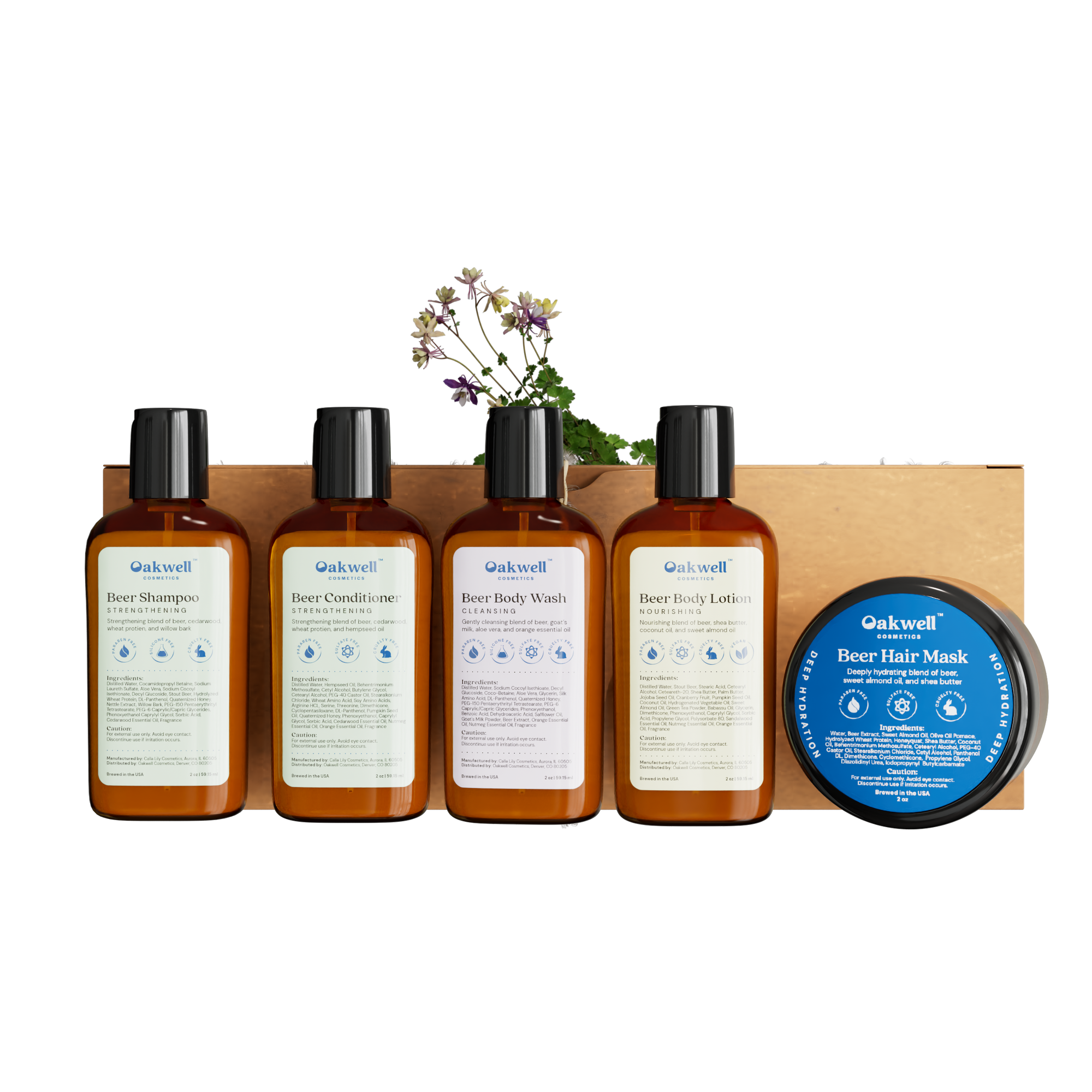 Oakwell Beer Spa gift box with beer body lotion, beer shampoo, beer conditioner, beer body wash, beer hair mask