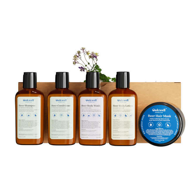 Oakwell Beer Spa gift box with beer body lotion, beer shampoo, beer conditioner, beer body wash, beer hair mask