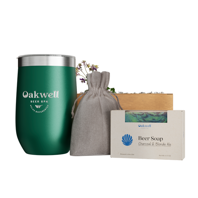 Oakwell Beer Spa gift box with stainless steel tumbler, beer soap, beer bath tea